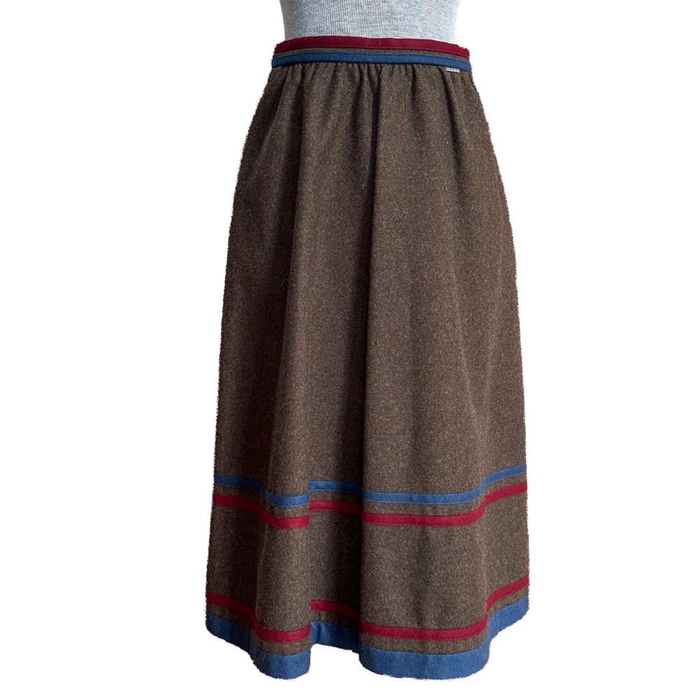 Vintage Geiger Austria Skirt 100% Wool Brown With Red and Blue Accent Stripe